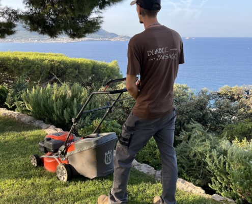 Jardinier de Durbec Paysage tondant une pelouse en bord de mer